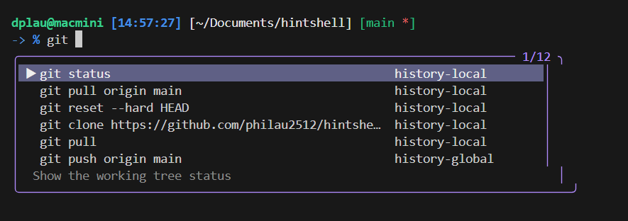 HintShell contextual suggestions in ZSH