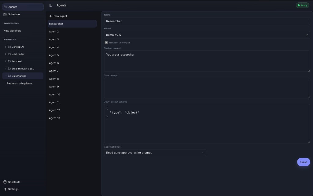 Agent editor for model, prompts, and approval settings