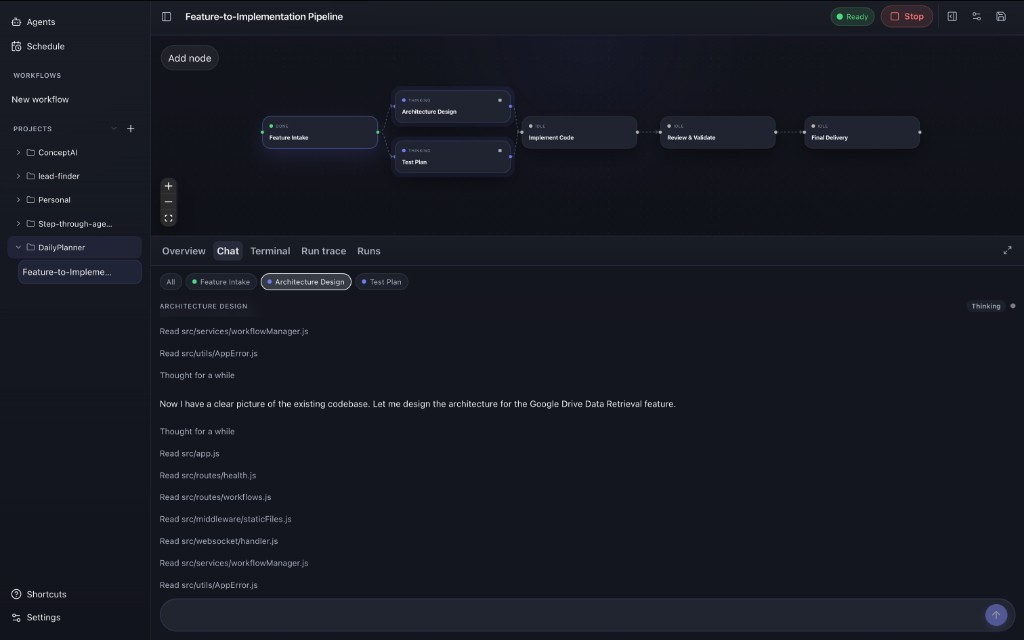 Workflow run with parallel agent layers and per-node chat