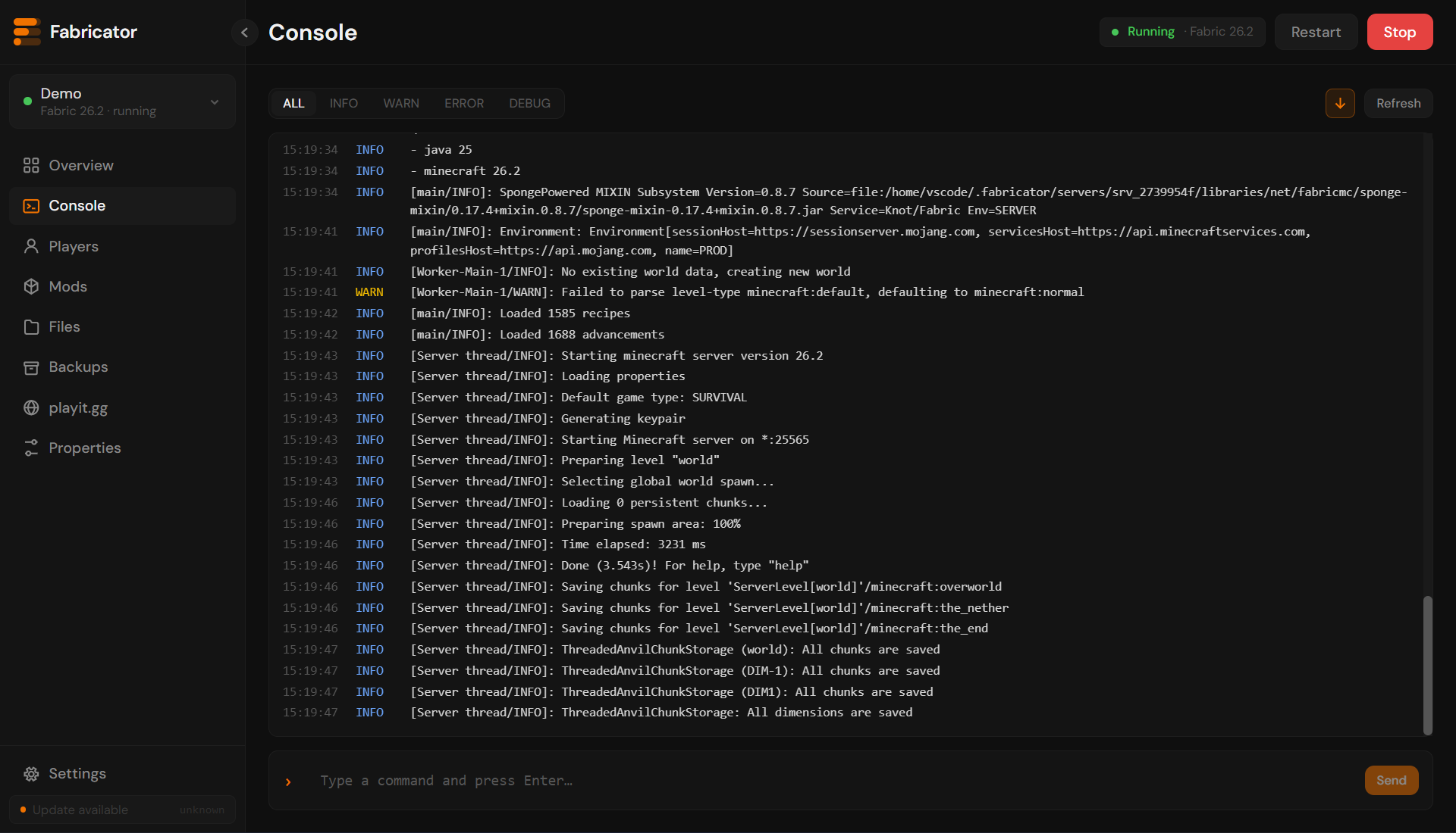 Live console with log level filters and a command input