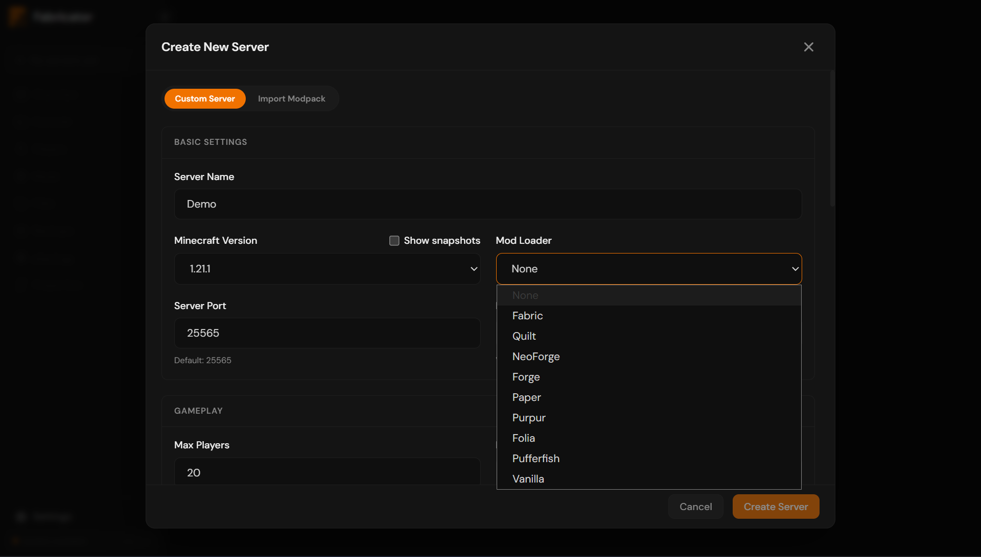 Create New Server dialog with the mod loader dropdown open