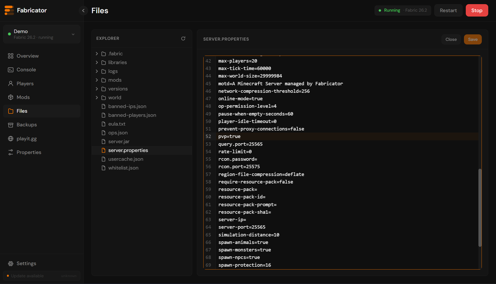 File explorer with server.properties open in the editor