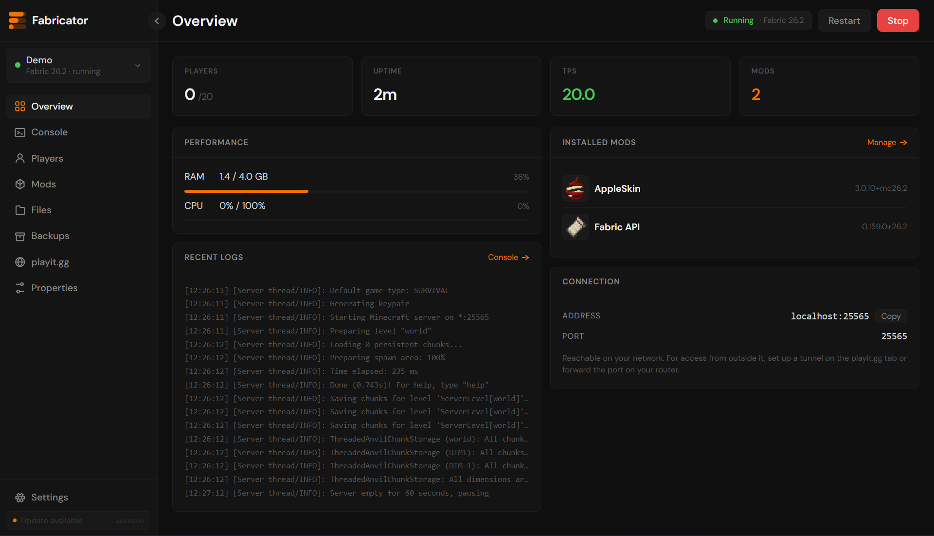 Fabricator dashboard — server overview