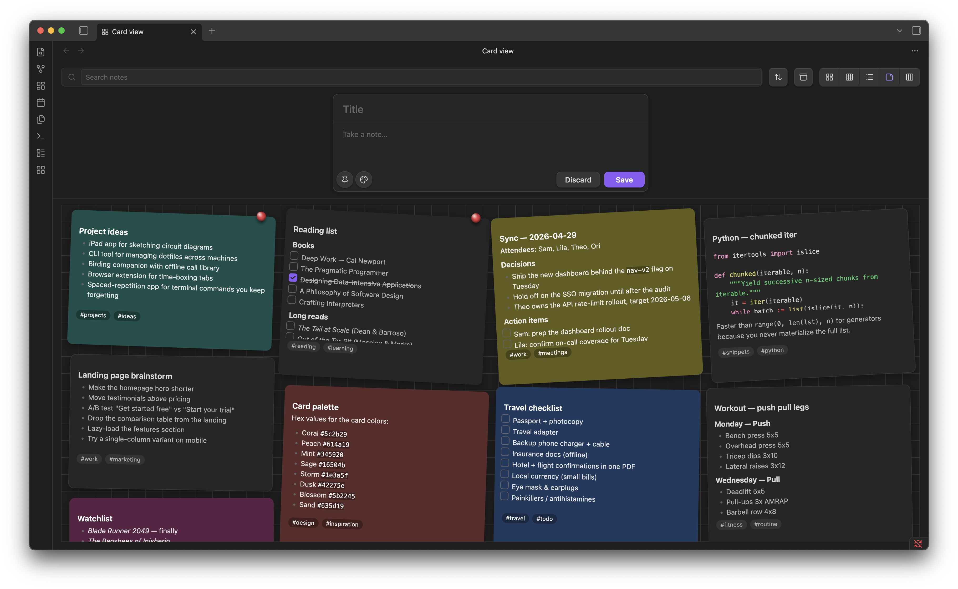 Capture box expanded with title, body, pin and color buttons, and a primary Save action
