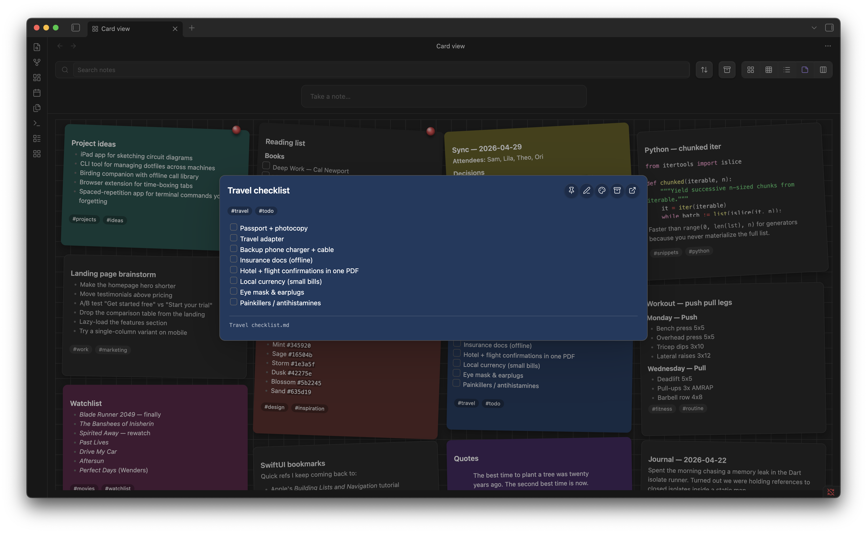 Note preview modal in a colored note showing live markdown rendering and inline action buttons