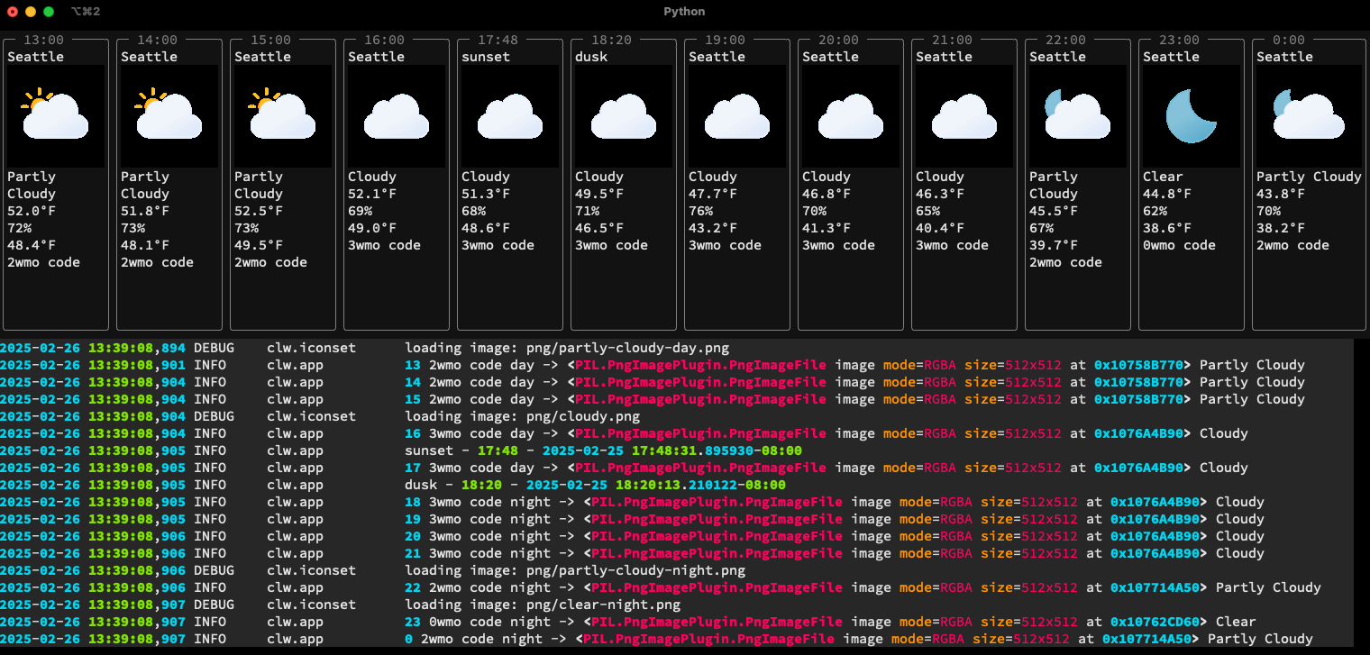 screenshot of clw tool showing the 12 hour weather forecast