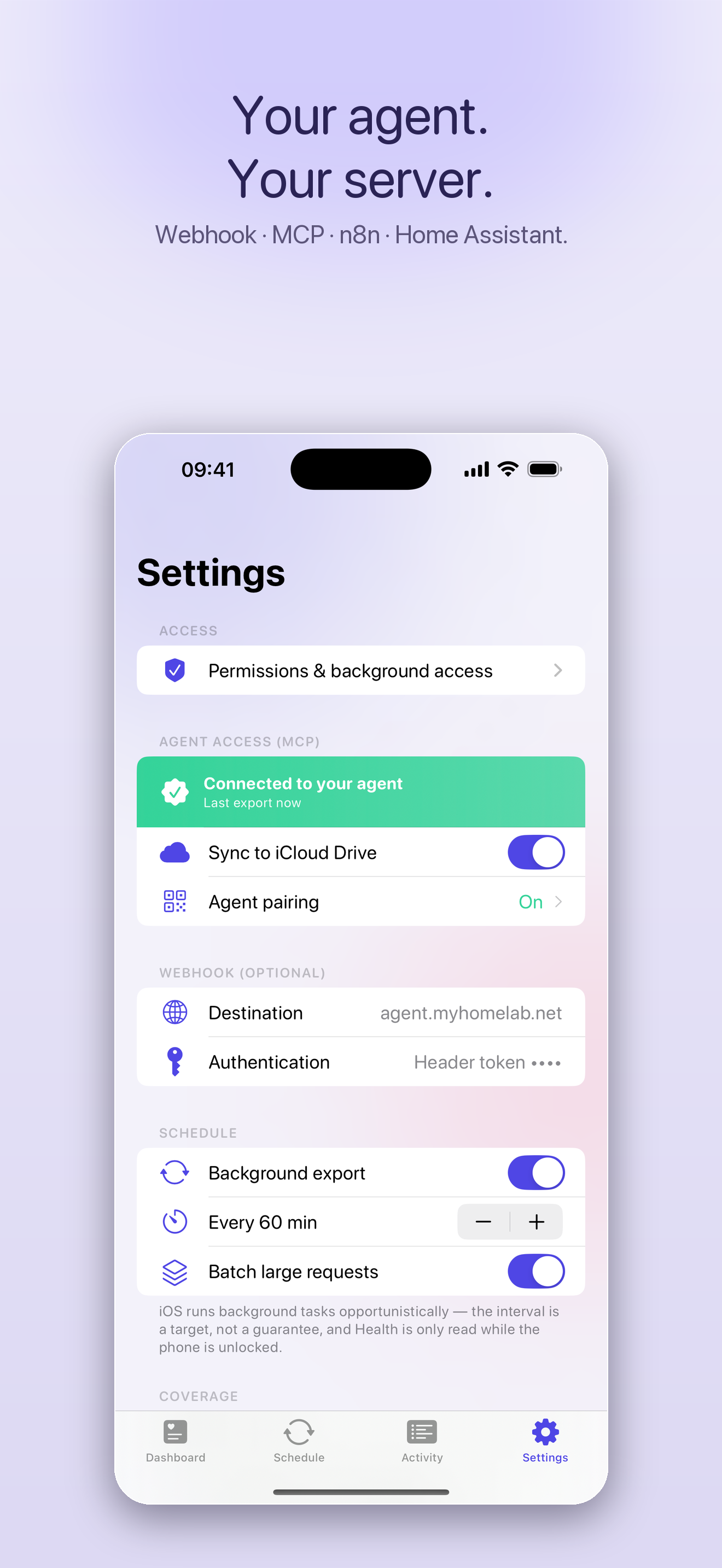 Export to iCloud, folder, LAN, or webhook