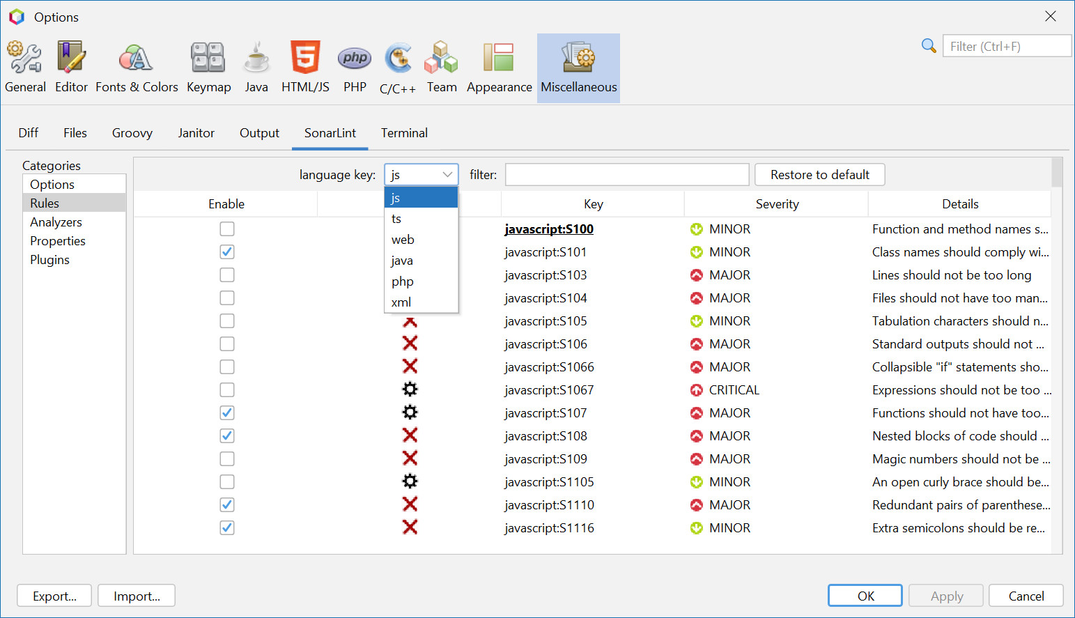 OptionsSonarLintRules