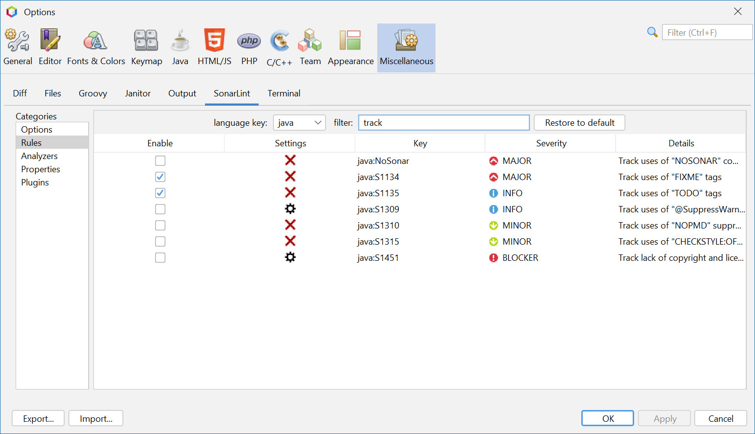 OptionsSonarLintRulesWithNameFilter