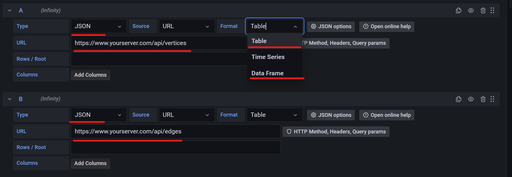 Infinity Data Source Configuration