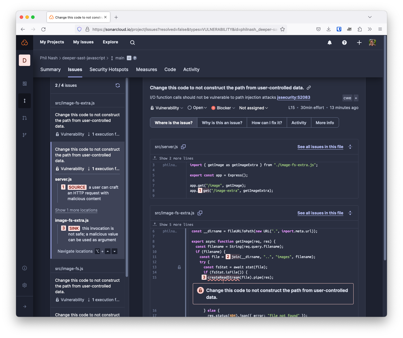 A screenshot of SonarCloud's analysis of this project, showing the locations of the data flow through the code and how the result is vulnerable even though it uses a function from a third-party, open-source library