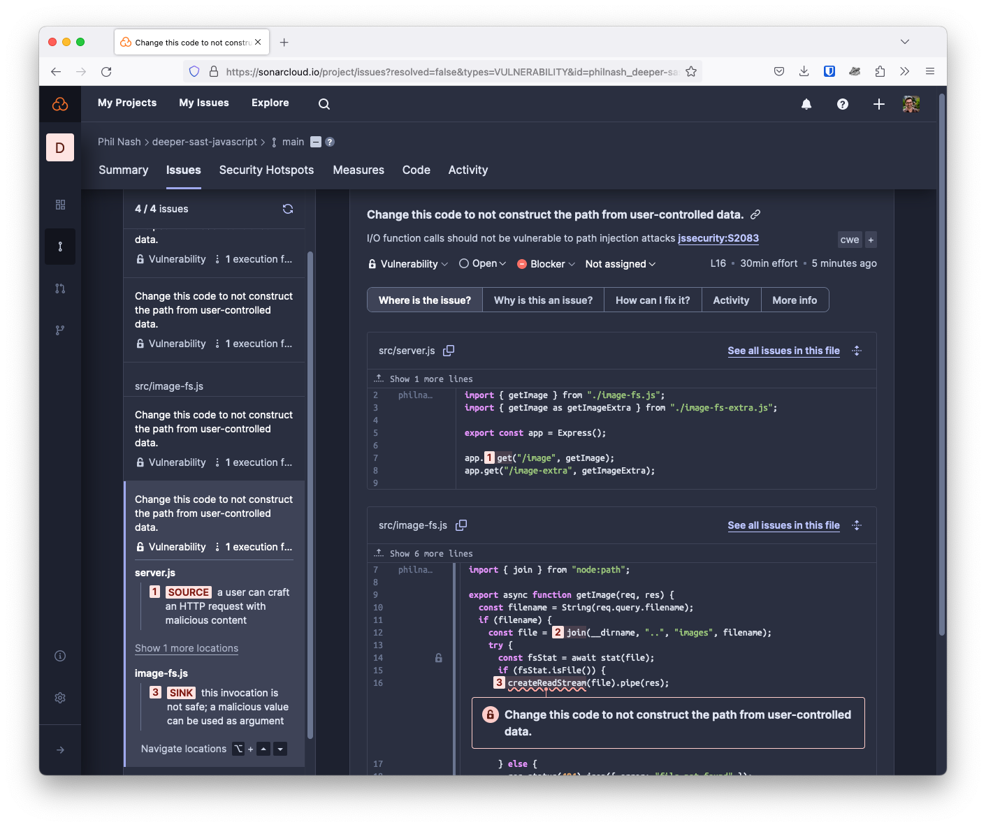 A screenshot of SonarCloud's analysis of this project, showing the locations of the data flow through the code and how the result is vulnerable