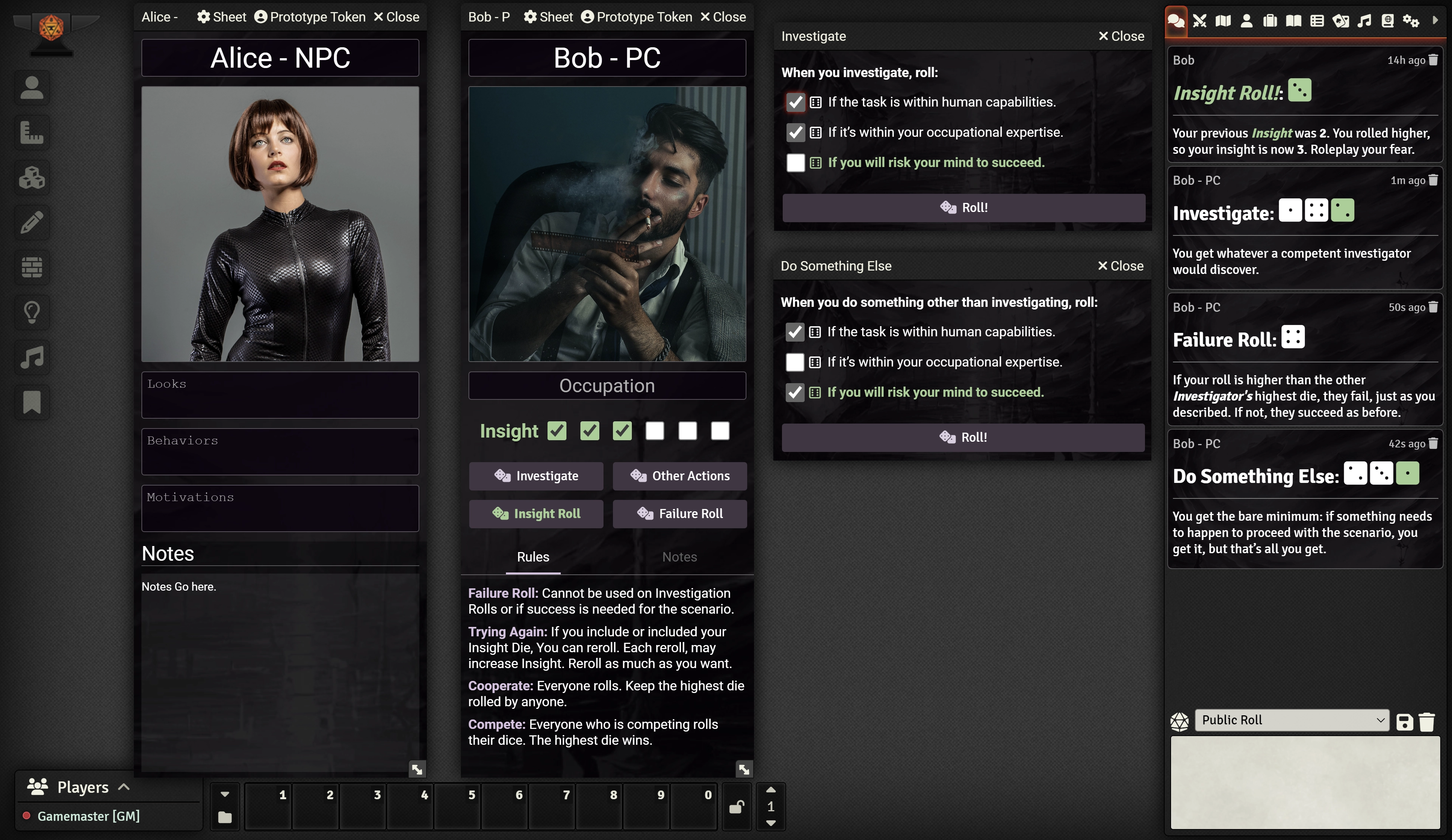 Screenshot of foundry with the character and npc sheets open