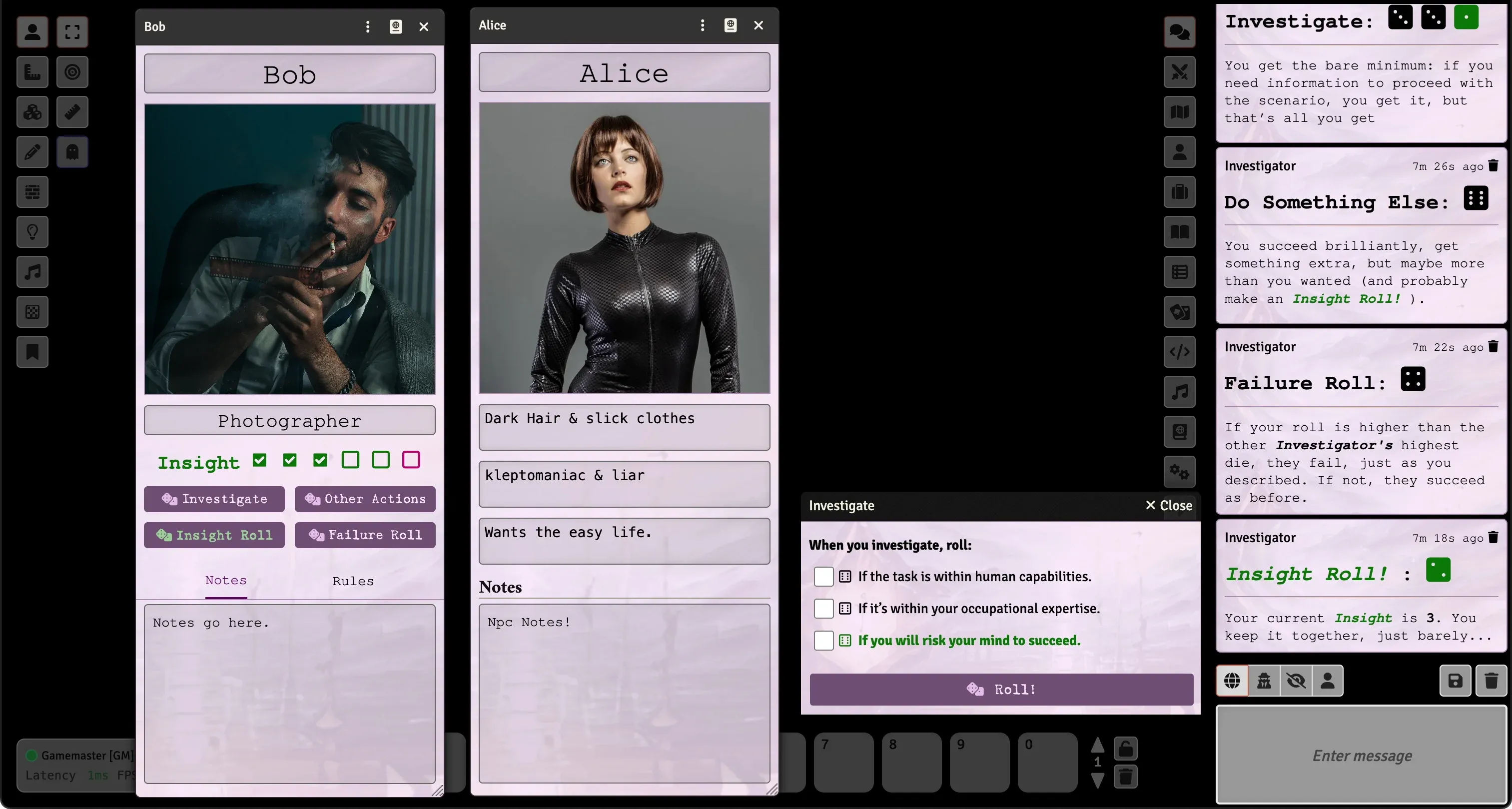 Screenshot of pc, npc sheets, and rolls in the chat in light mode