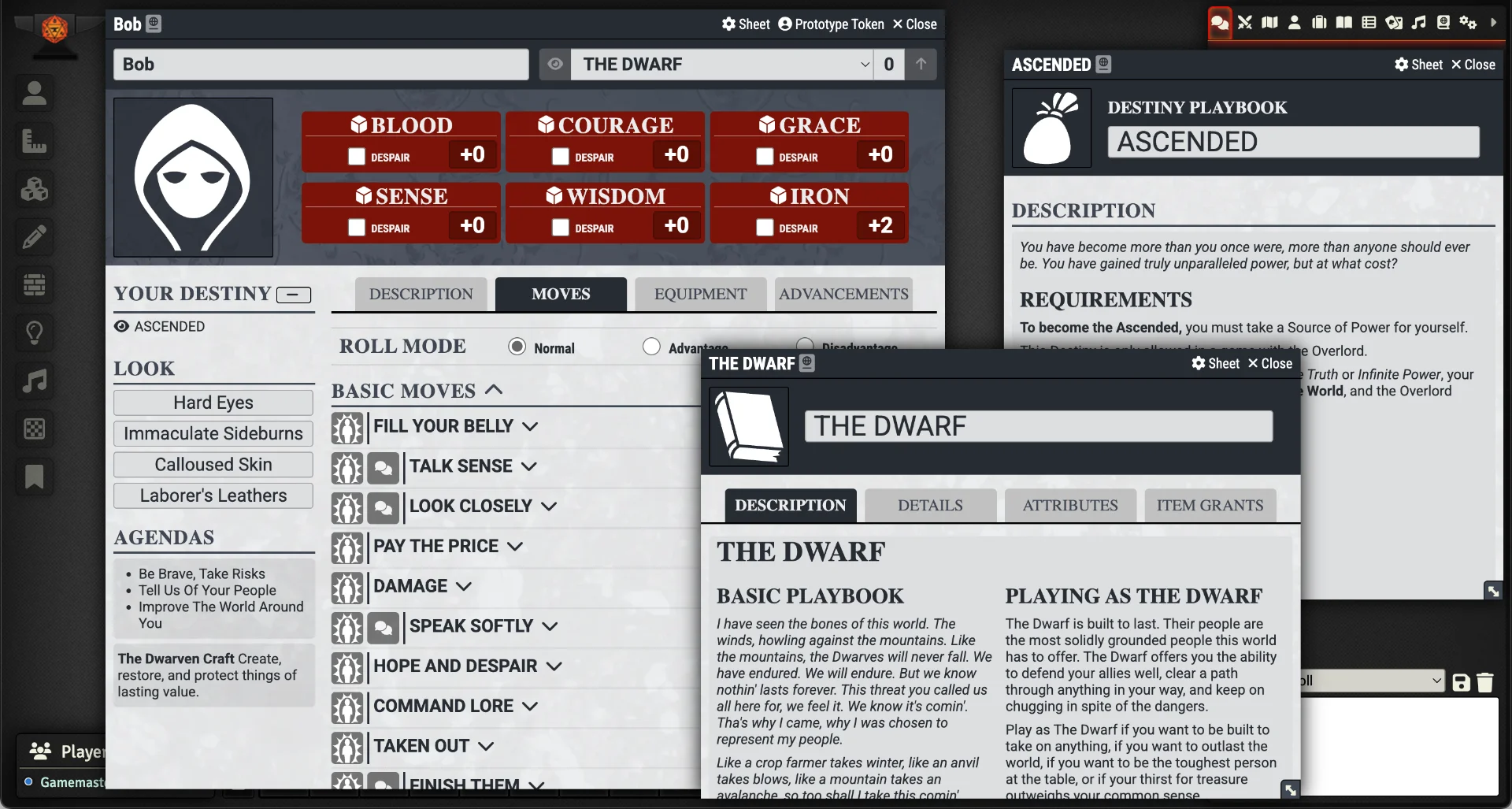 Screenshot of the character sheet