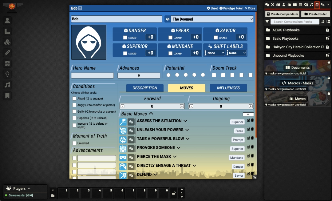 A screenshot of the Masks character sheet in light mode