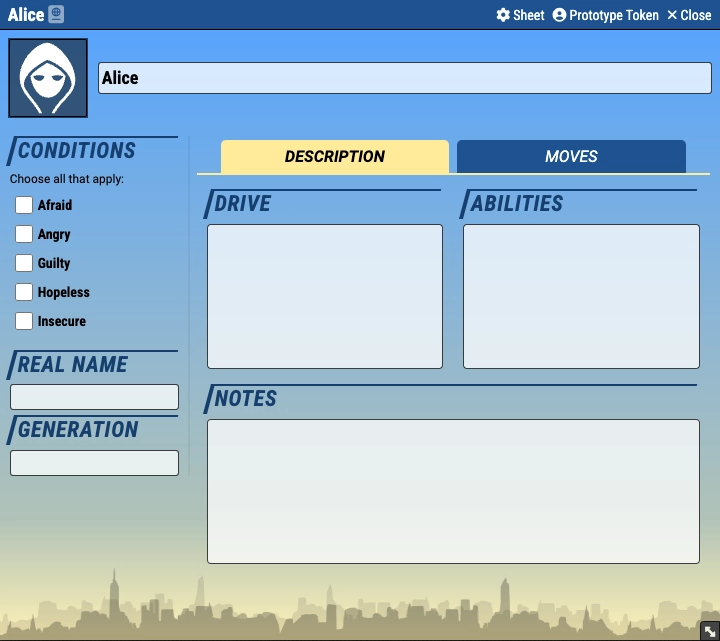 A screenshot of the Masks NPC sheet in light mode