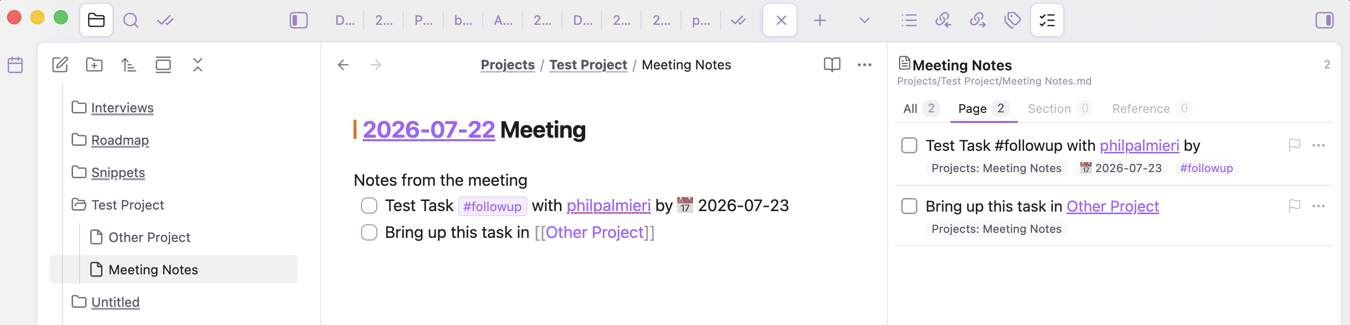 Page tab: tasks on the current note