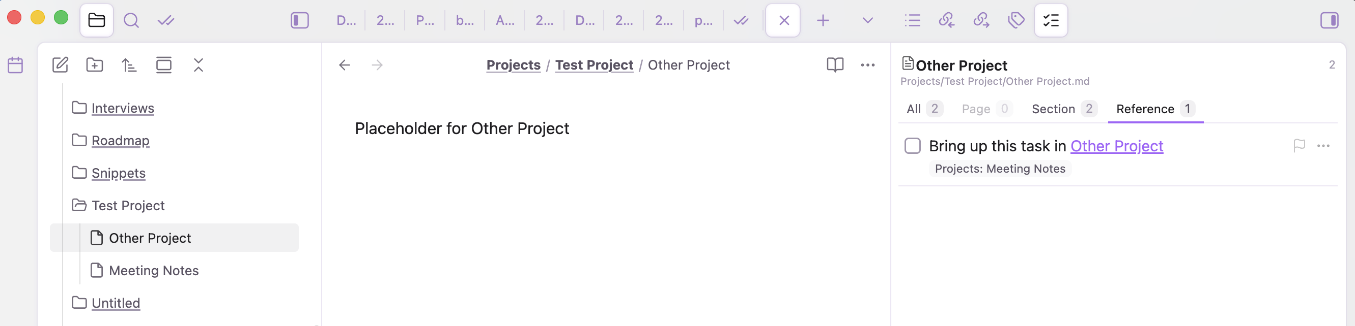 Reference tab: tasks elsewhere that link to this note