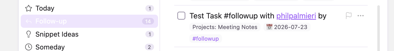 One task shows its context, dates, priority, and tags, all from the plain markdown line