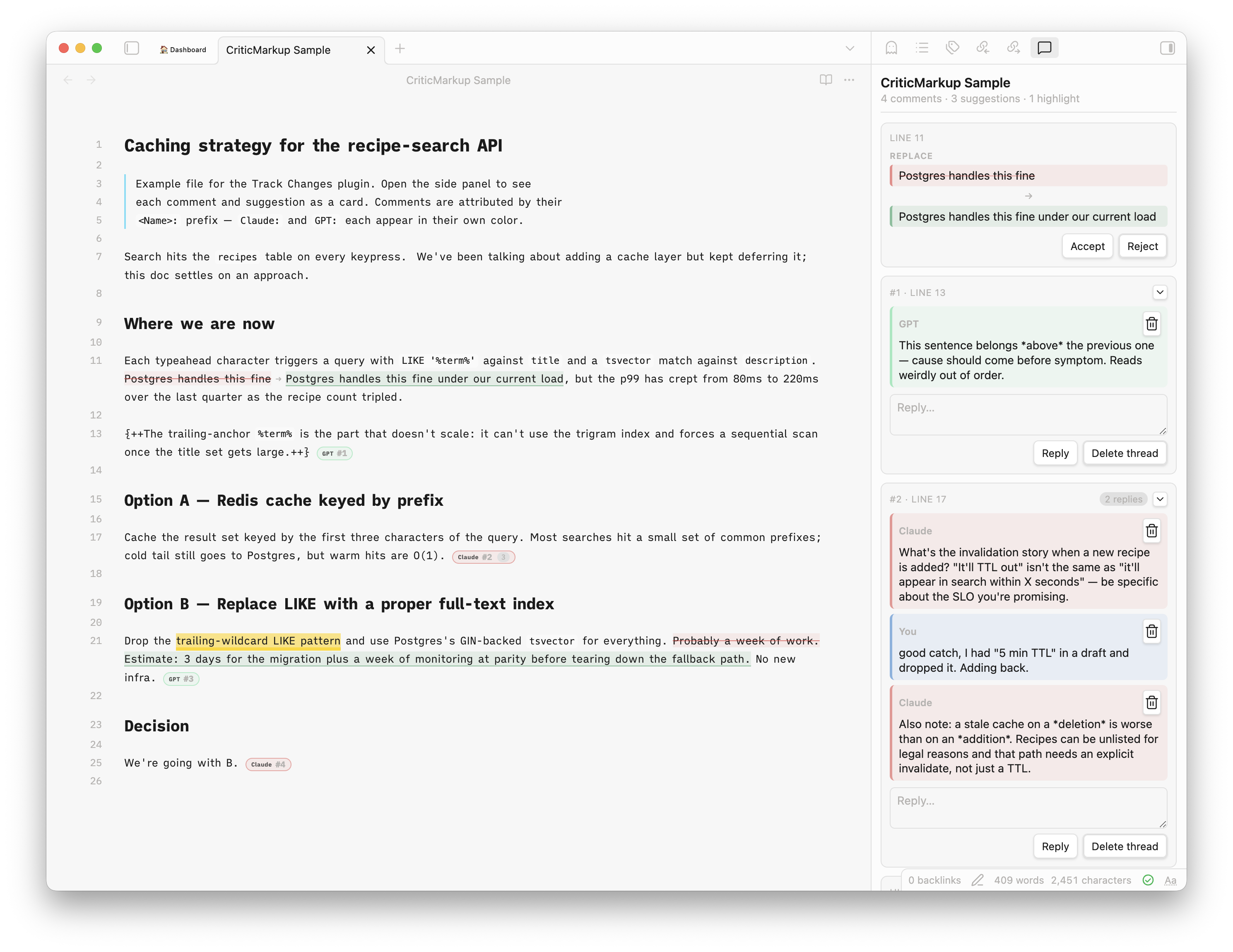 Track Changes panel showing multi-author comments from Claude and GPT