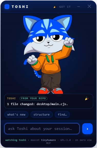 Toshi answering from your repo — a real window capture, grounded answer "FROM YOUR REPO"
