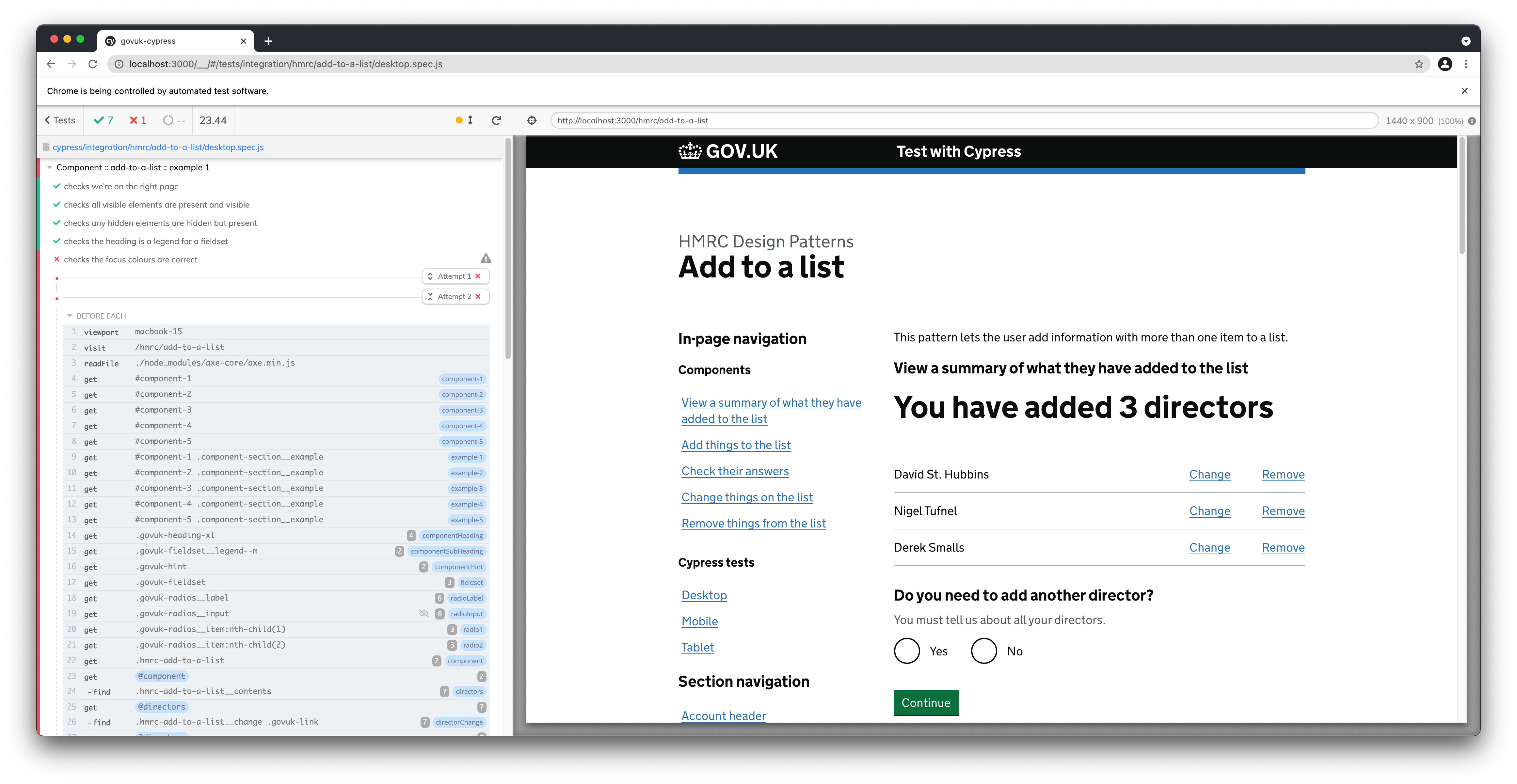 Cypress browser showing the output of tests.
