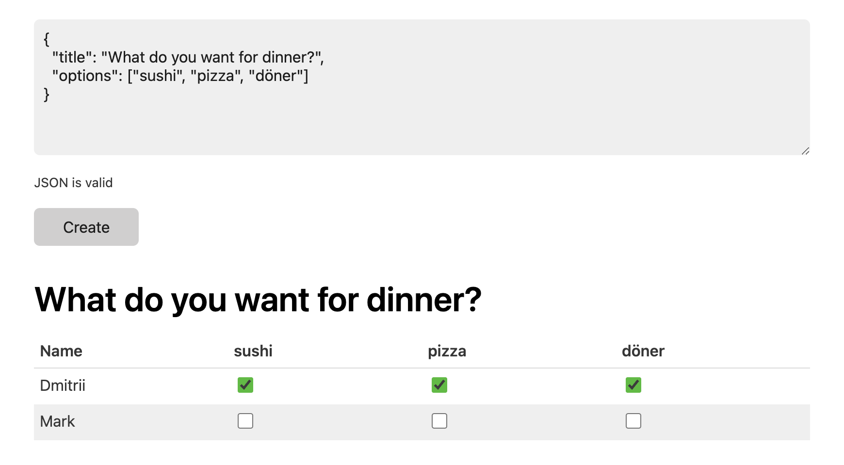 A webpage with a json text input, "create" button and a preview of a poll