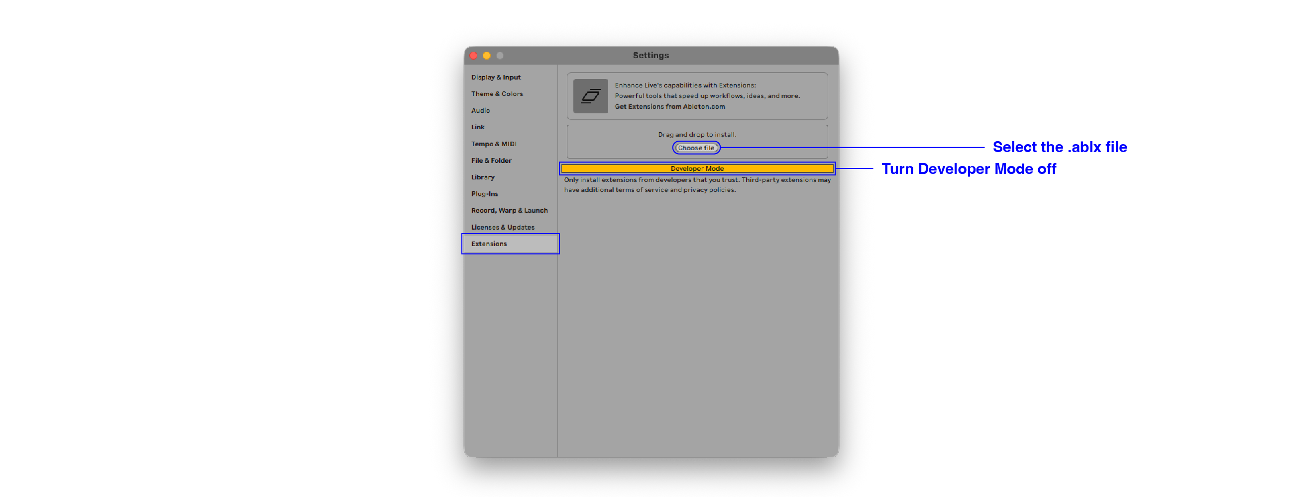 Ableton Live Extensions settings showing where to select the .ablx file and turn Developer Mode off