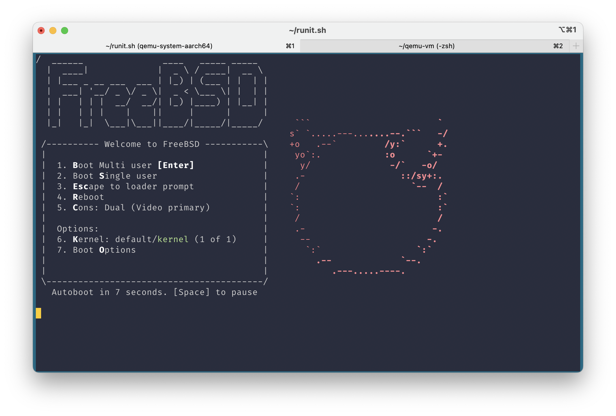 FreeBSD 13.2-RELEASE for ARM64 boot in QEMU on Apple Silicon Mac screenshot
