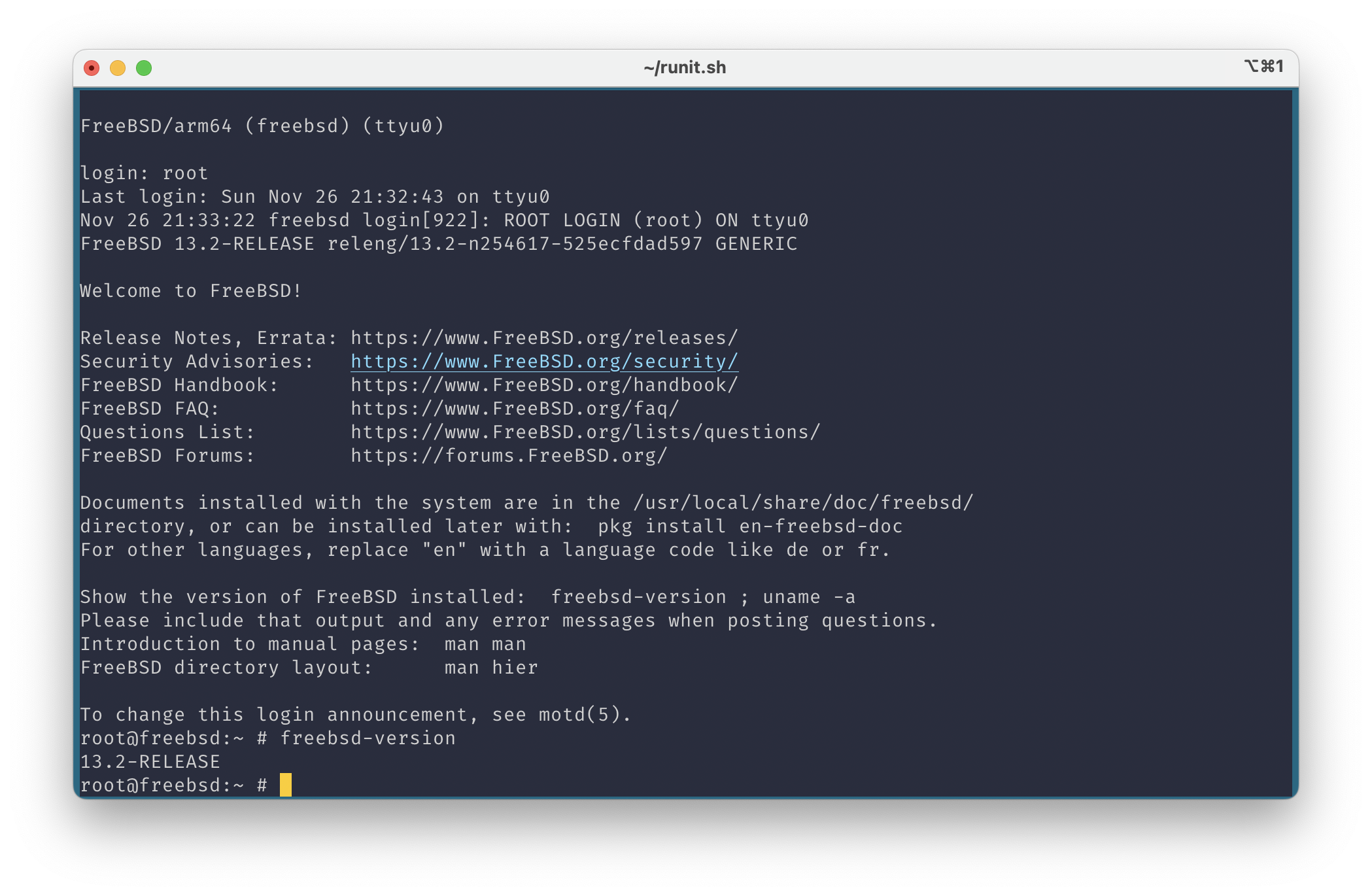 A screenshot of FreeBSD 13.2-RELEASE for ARM64 console in QEMU on Apple Silicon Mac, showing the output of freebsd-version
