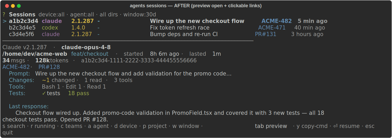sessions browser, preview open with a links line