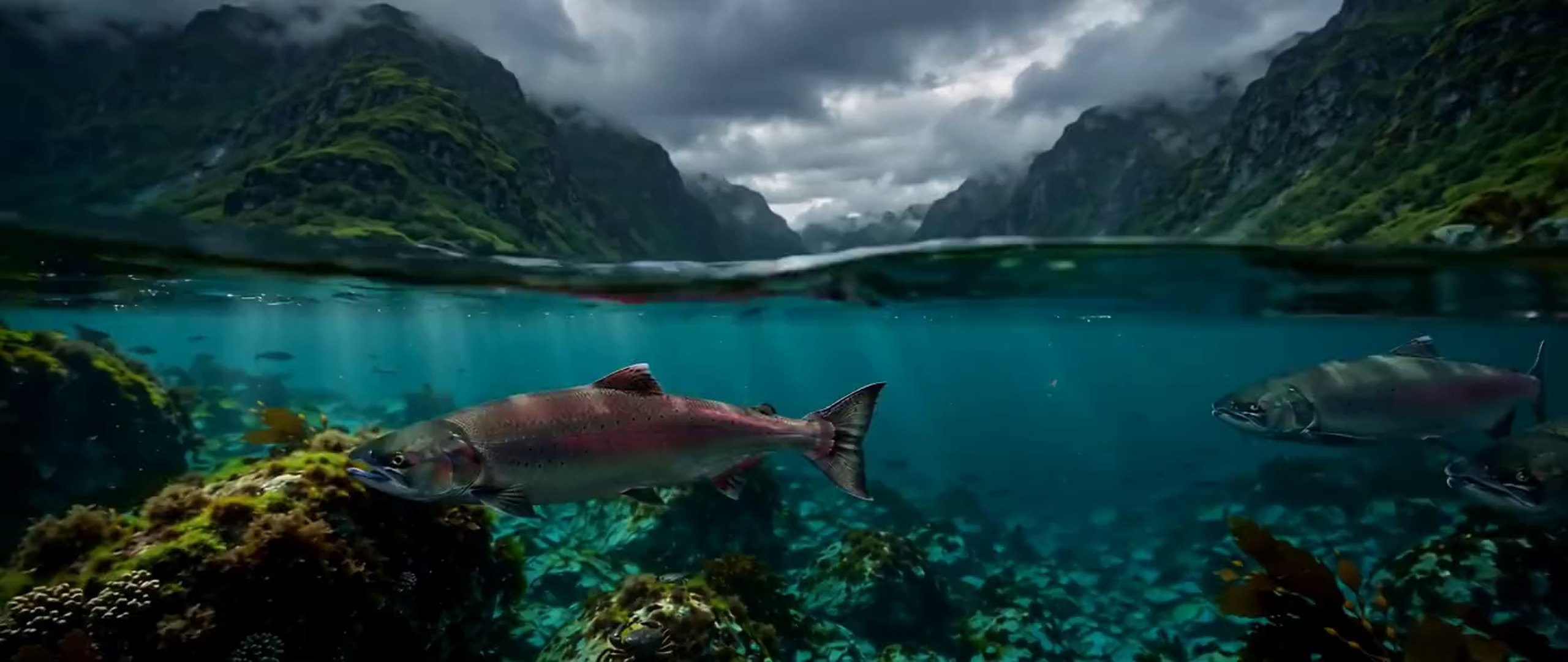Nordic fjord with Atlantic salmon below the waterline