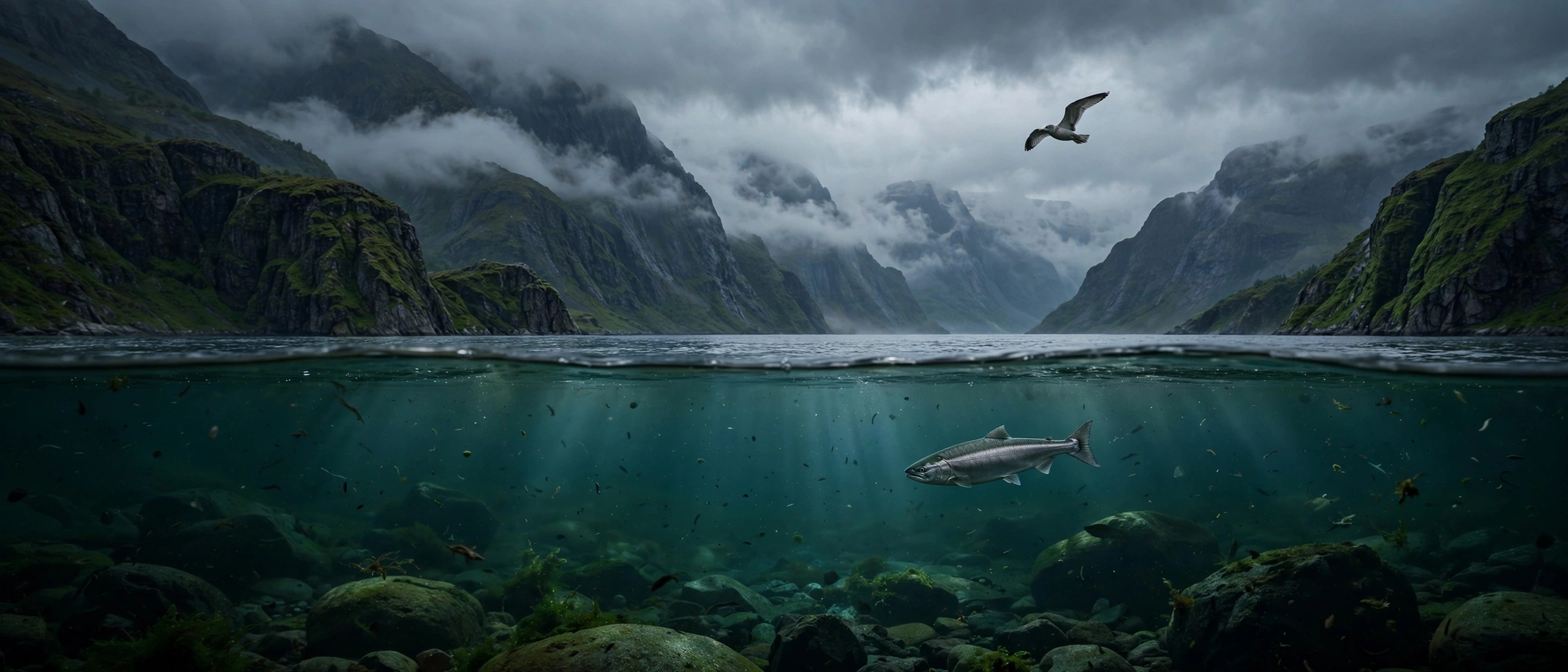 Nordic fjord with Atlantic salmon below the waterline