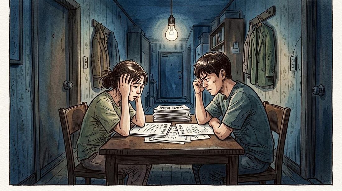 식탁에 앉아 서류를 앞에 두고 고민하는 두 사람