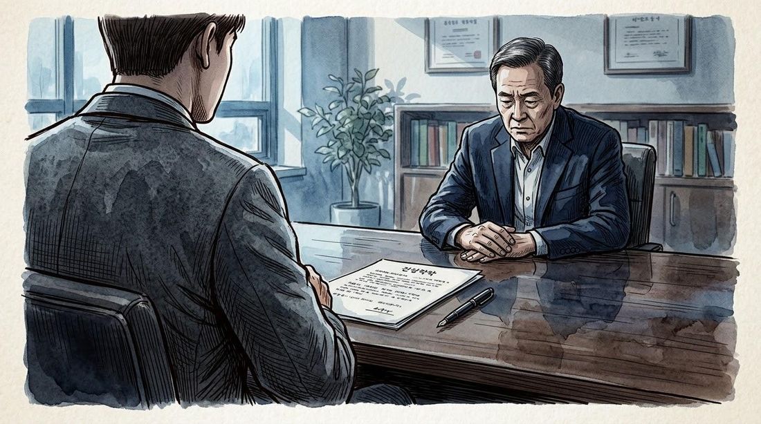 책상을 사이에 두고 마주 앉아 상담하는 두 사람