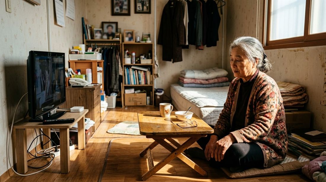 혼자 사는 노인이 작은 방 좌식 탁자 앞에 앉아 있는 모습