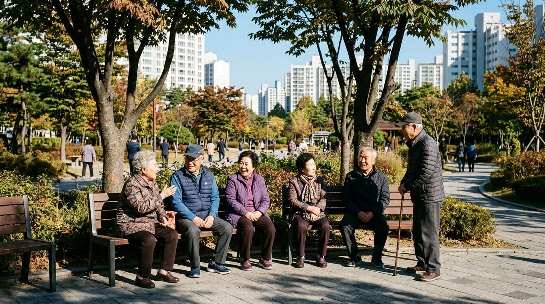 공원 벤치에 나란히 앉아 이야기하는 노인들