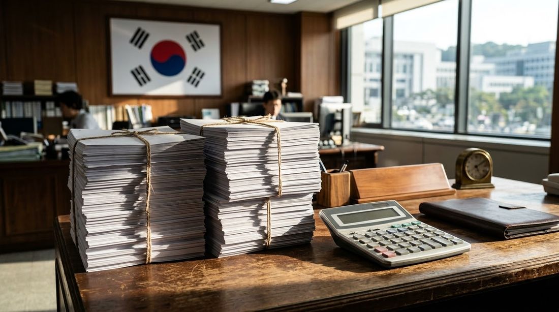 끈으로 묶인 서류 더미가 쌓인 관공서 책상과 계산기