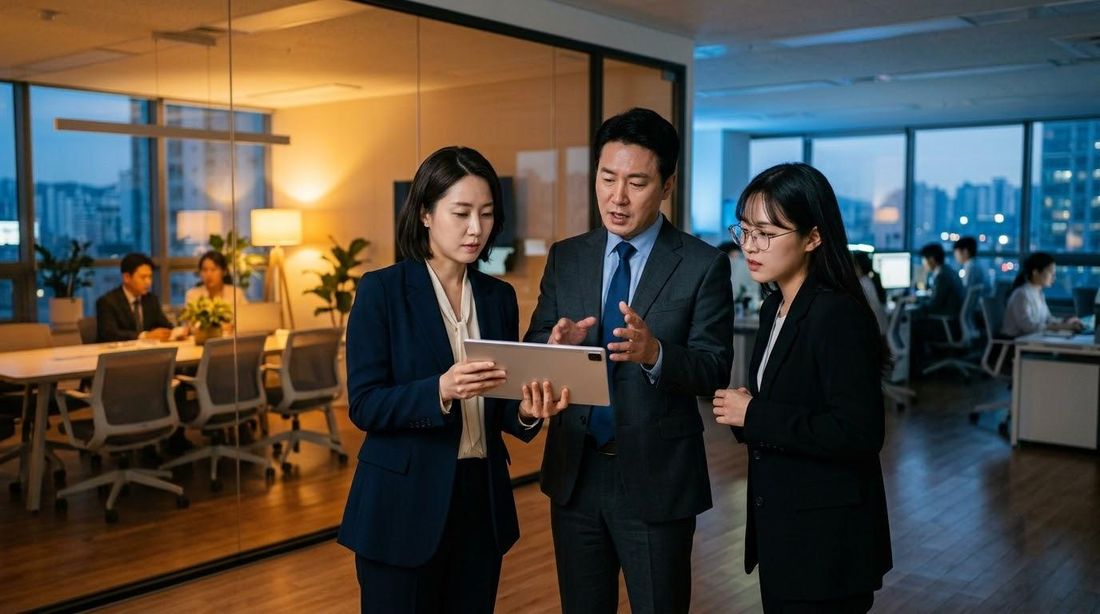 회의실 앞에서 태블릿을 함께 들여다보며 상의하는 직장인들