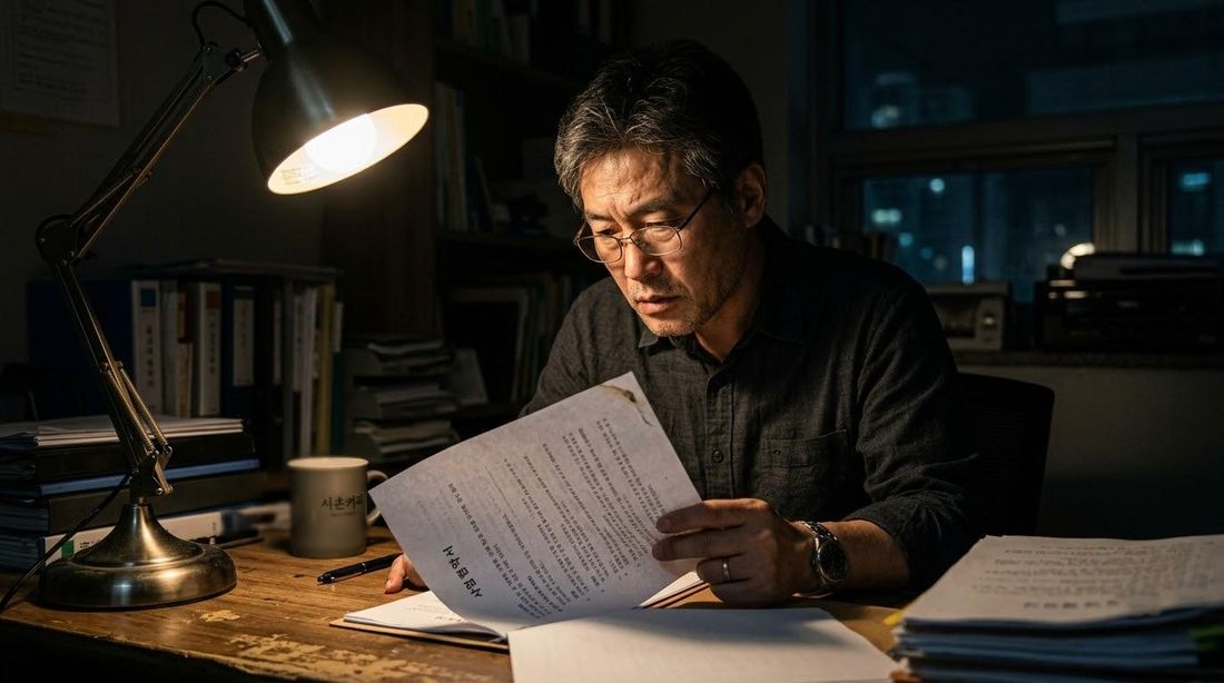 스탠드 불빛 아래에서 서류를 넘겨 읽는 사람
