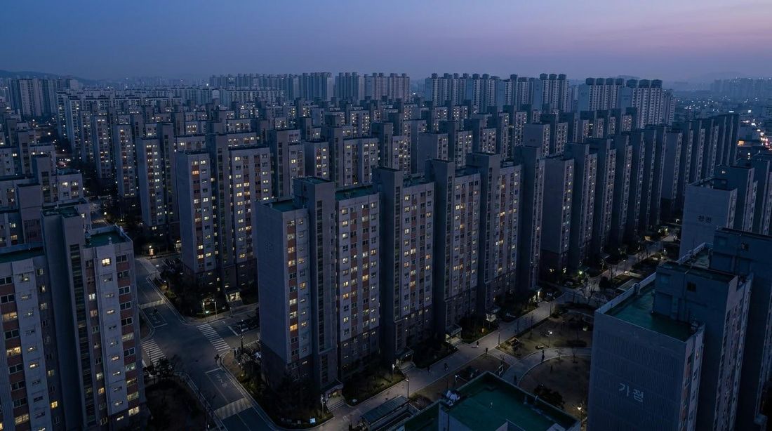 불이 켜진 아파트 단지의 해질 무렵 전경