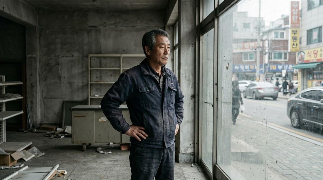 비어 있는 점포 안에서 창밖 거리를 바라보는 상인