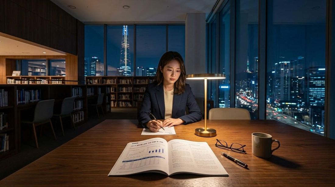 야간 사무실에서 자료를 펼쳐 놓고 검토하는 사람