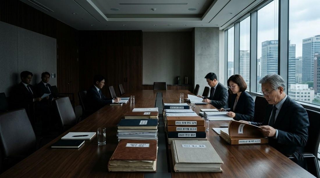 긴 회의 탁자 위에 서류철을 쌓아 놓고 검토하는 사람들