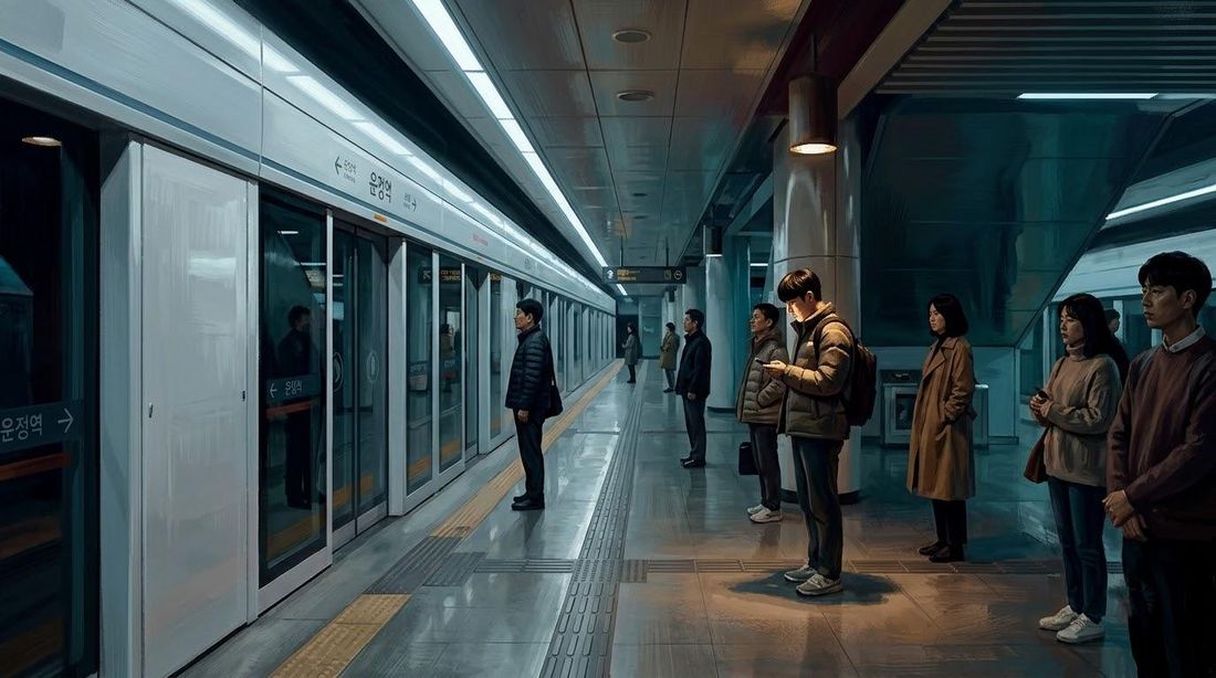 승강장 스크린도어 앞에서 열차를 기다리는 승객들