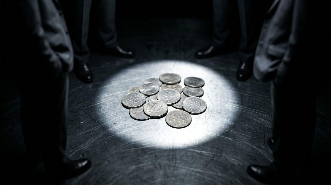 어두운 바닥 위 좁은 빛 안에 놓인 동전 몇 개
