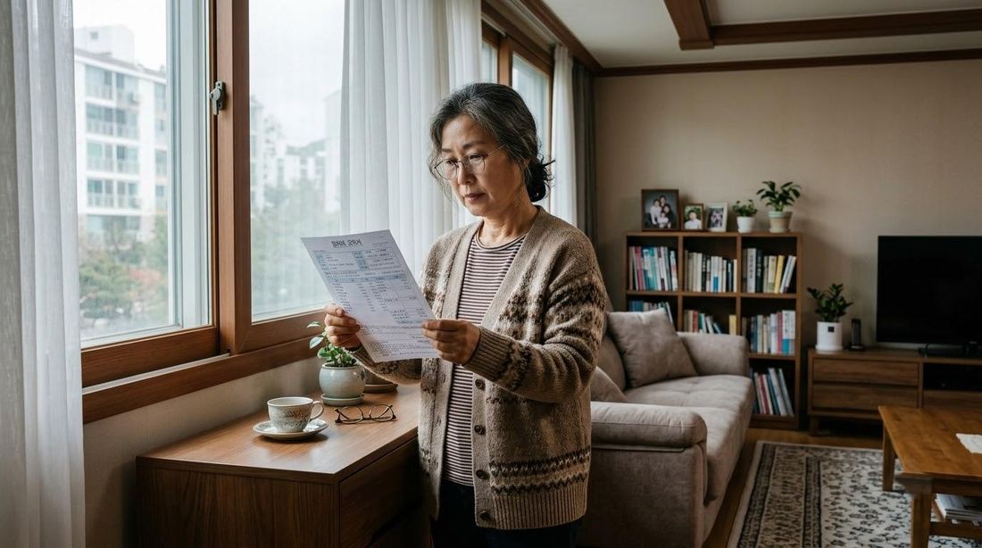 거실 창가에서 우편으로 온 고지서를 살펴보는 사람