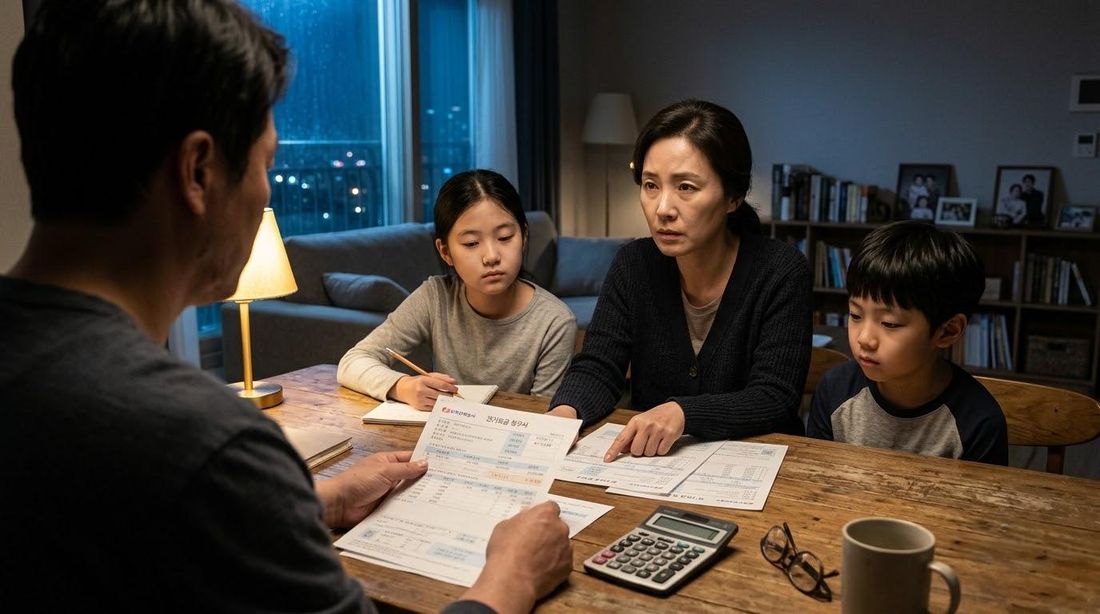 식탁에 둘러앉아 고지서와 계산기를 놓고 이야기하는 가족