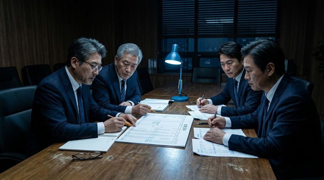 회의 탁자에 둘러앉아 서류를 검토하는 사람들